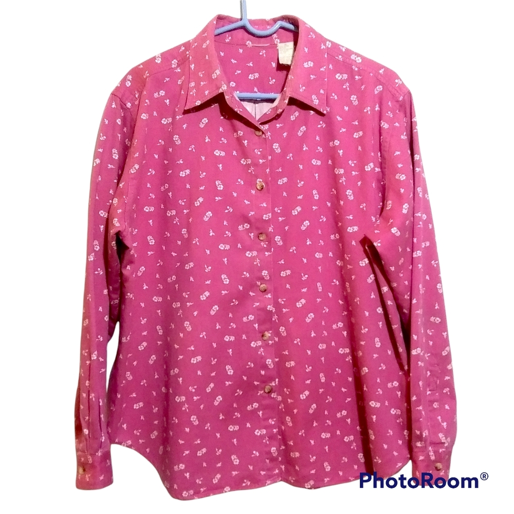 VINTAGE 100% COTTON BUTTON DOWN SHIRT IN DARK PINK W/ WHITE DITSY FLORAL  SZ XL